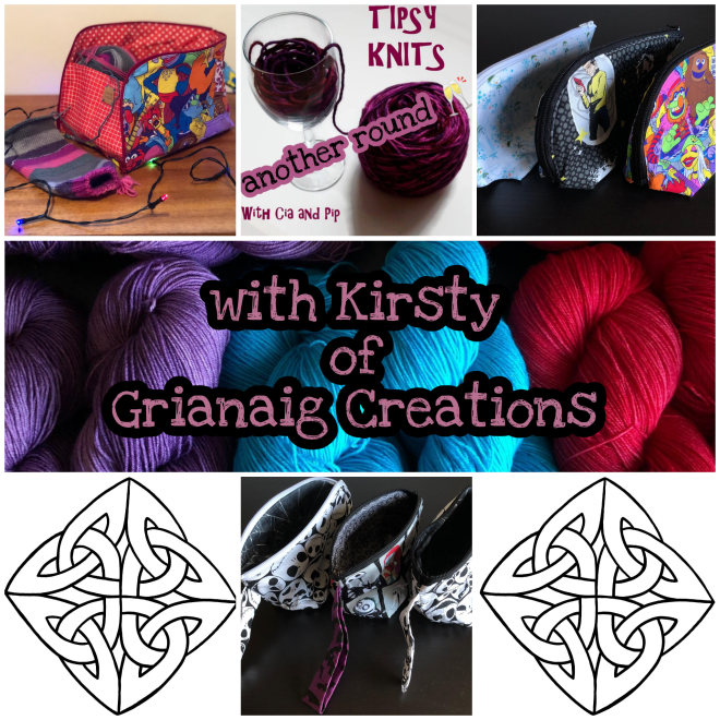 A collage with pictures of project bags, and the Tipsy Knits and Grianaig Creations logo